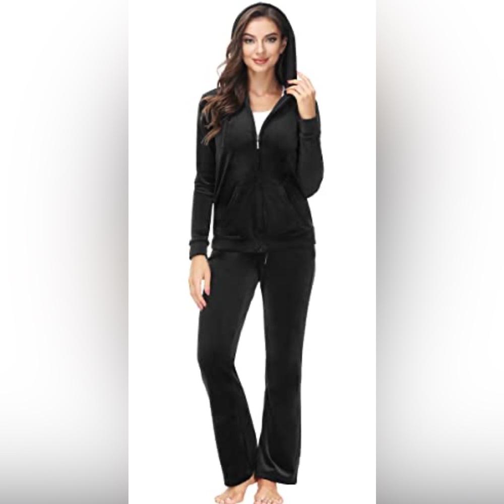 KIM ROGERS Black Velour Athleisure Leisure Track Suit Jacket Pants M Medium lcsr